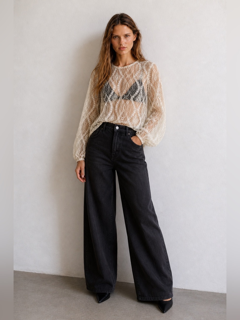 Zara Cream Lace Sheer Long-Sleeve Blouse